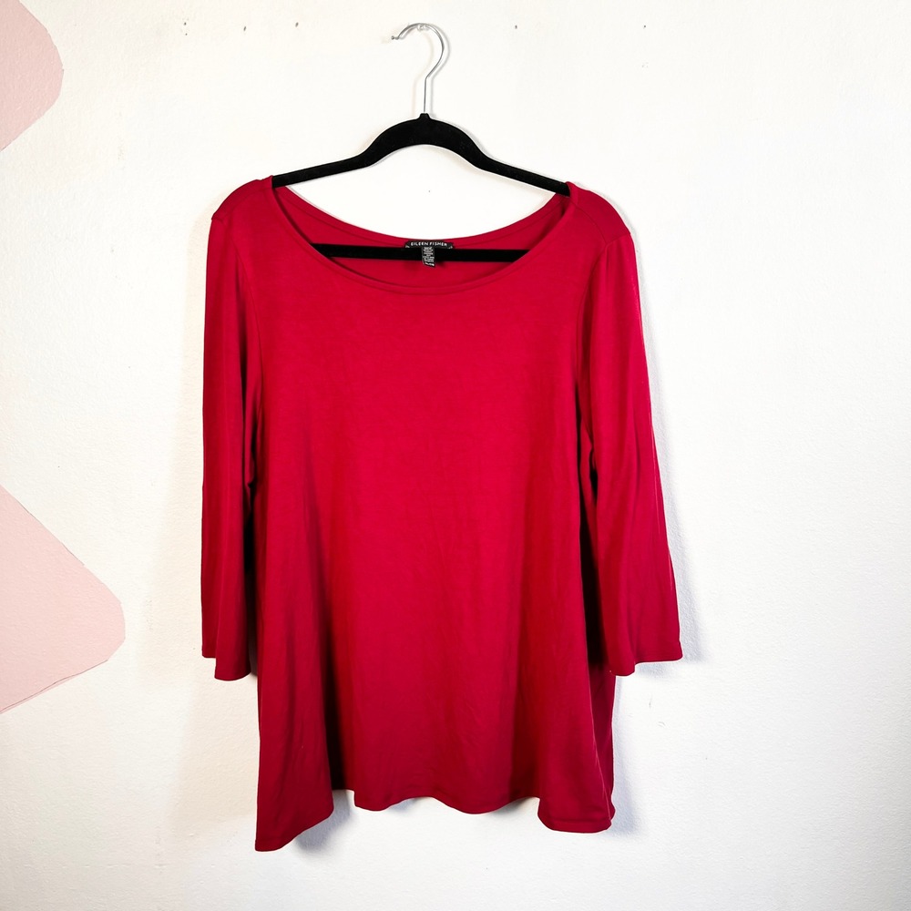 Eileen Fisher Womens Red 3/4 Sleeve Tunic Top Size XL Stretch Casual